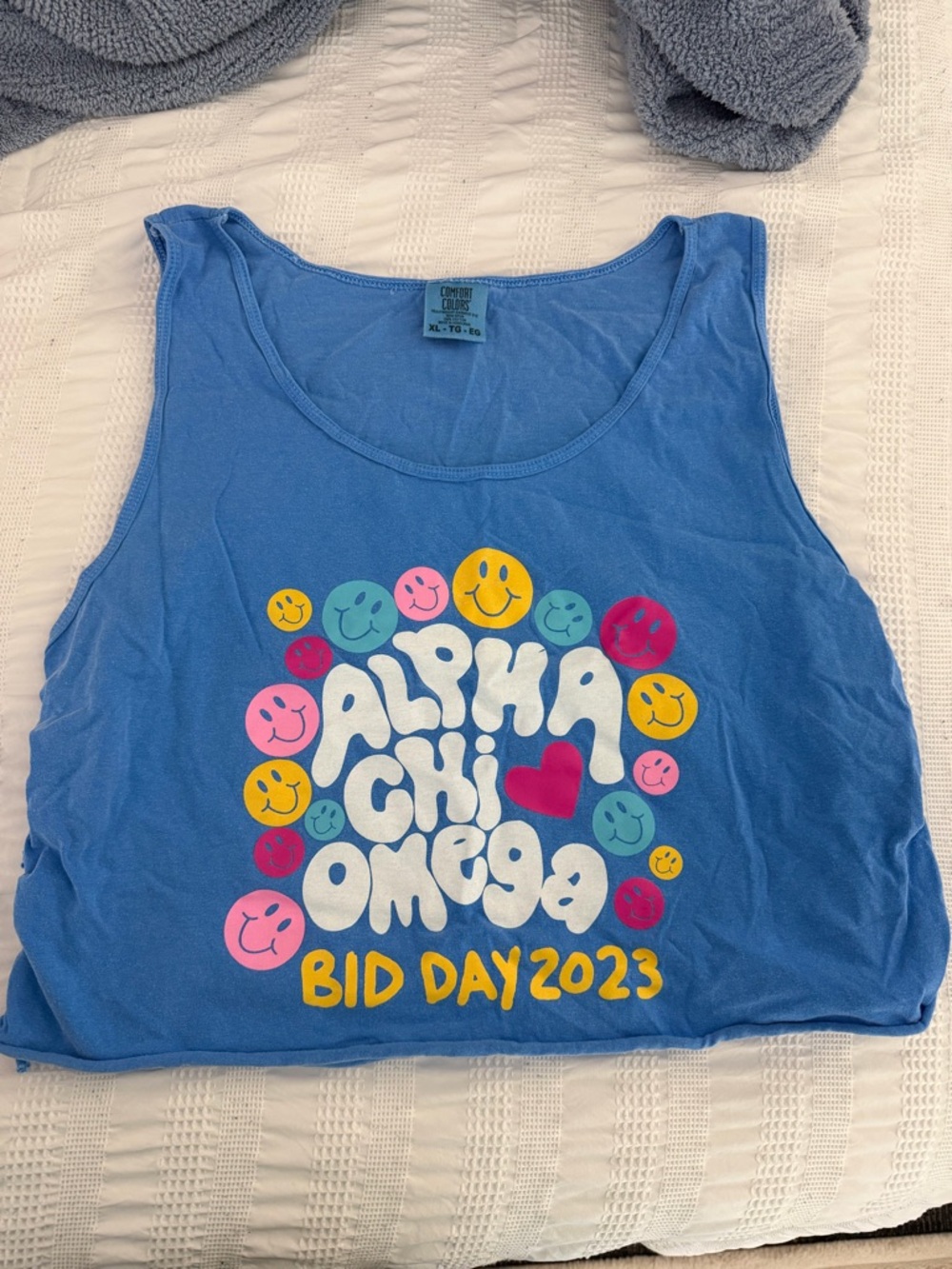 Alpha Chi Omega Blue Graphic Tank Top - Bid Day Cropped